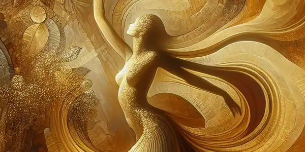 A graceful female figure in flowing fabrics, surrounded by a lush, dreamlike environment, embodying sensuality and intimacy.