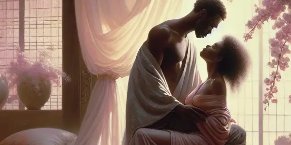 An intimate scene of two figures in a softly lit room, surrounded by cherry blossoms and ethereal decor.