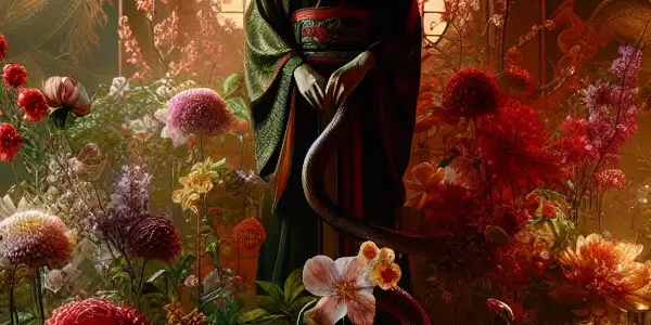 A powerful female figure surrounded by vibrant flowers and coiled snakes in an intimate Japanese setting.