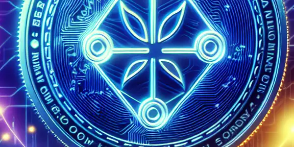 A futuristic digital landscape showcasing a stylized cryptocurrency coin for the adult entertainment industry, with users engaging in transactions.