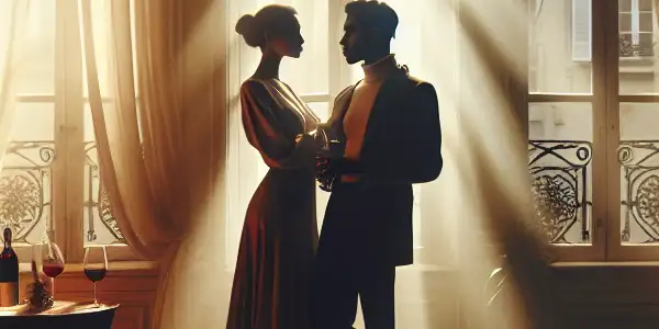 A passionate couple embraces in a softly lit Parisian apartment, surrounded by romantic details and warm sunlight.