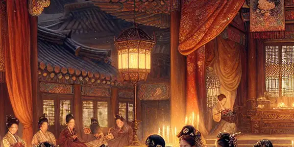 A lavish Joseon Dynasty palace scene with elegantly dressed courtesans engaging in flirtatious interactions amidst opulent surroundings.