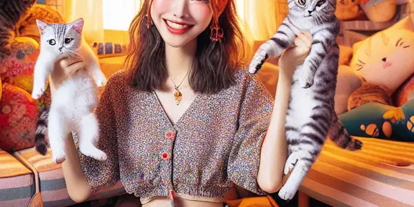 A playful young woman with cat ears interacts with adorable kittens in a cozy, colorful Japanese-inspired room.