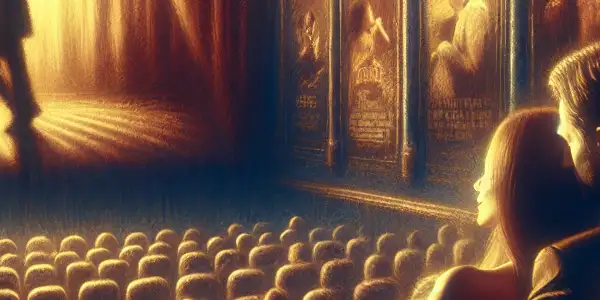 A couple enjoys an intimate moment in a dimly lit movie theater, captivated by a sultry film scene.