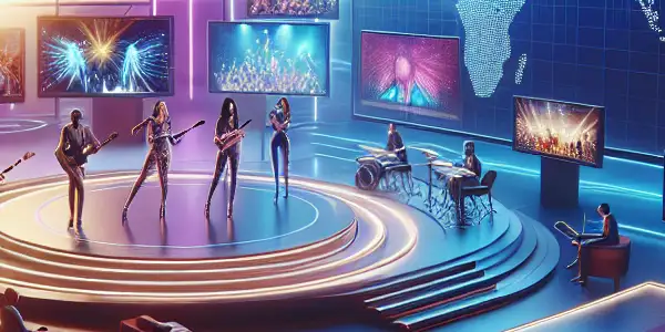 A modern, high-tech streaming environment featuring diverse models in live performances with vibrant colors and interactive elements.