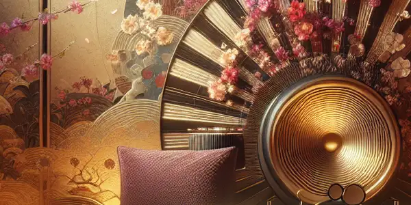 A cozy, intimate setting featuring a modern audio device, surrounded by cherry blossoms and romantic silhouettes.