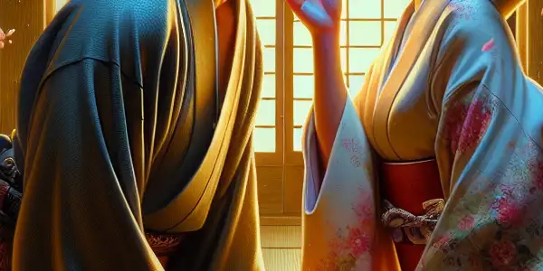 A romantic scene in a traditional Japanese room featuring a man and woman in intimate poses, surrounded by cherry blossoms.