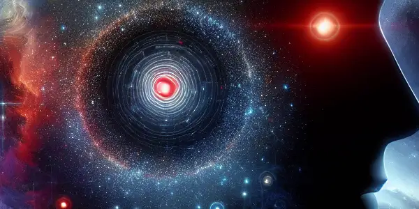 A futuristic AI interface in space, with a shadowy figure observing, symbolizing humanity's intrigue and caution towards technology.