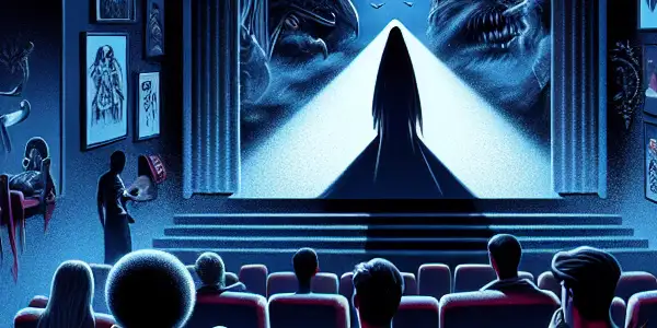 A cozy home theater filled with diverse viewers enjoying a classic horror film, illuminated by flickering candlelight.