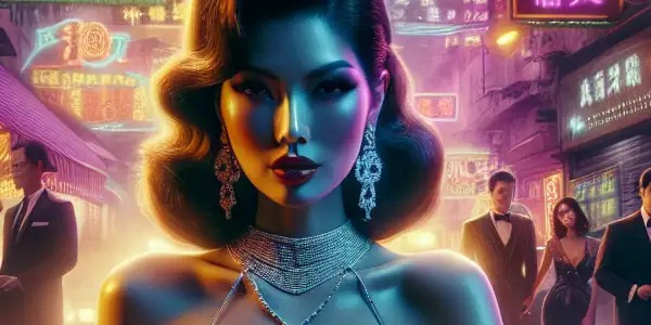 A glamorous female star in a neon-lit Hong Kong street, surrounded by intrigue and action elements from the 1990s.