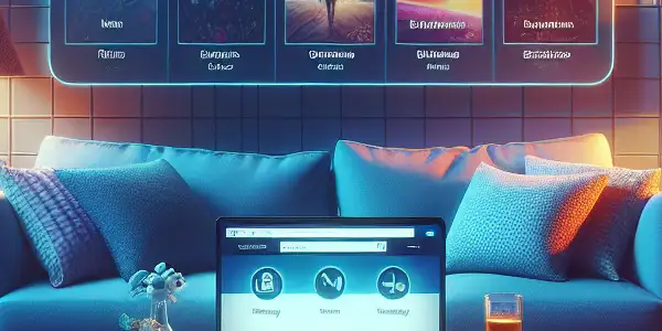 A cozy home setting with a laptop displaying adult film options, snacks, and symbols of online safety.