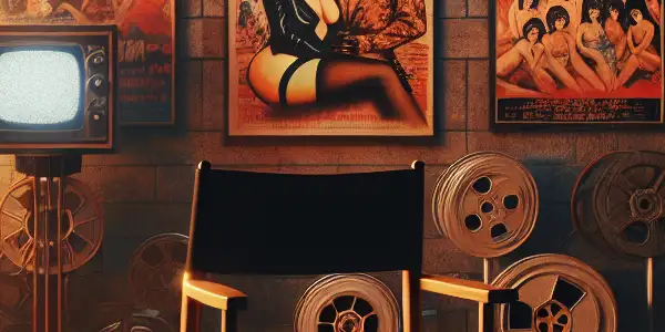 A nostalgic retro film studio featuring vintage adult film posters, cameras, and a stylish director's chair.