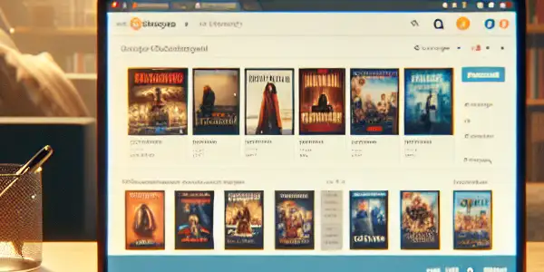 A cozy home office with a computer displaying an adult film e-commerce site and DVD covers.