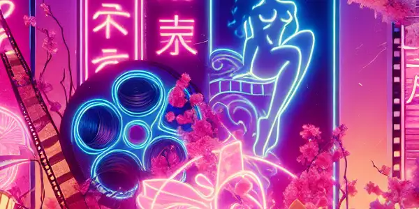 A dreamy scene blending Japanese aesthetics with vibrant neon lights, featuring abstract usernames and subtle adult film motifs.