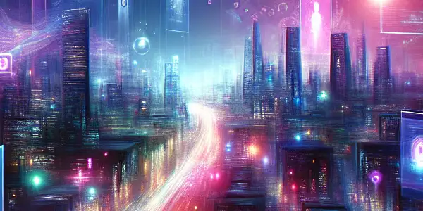 A vibrant, futuristic cityscape with silhouettes using holographic devices, symbolizing adult entertainment and digital privacy.
