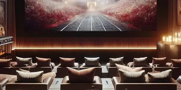Luxurious home theater with plush seating, ambient lighting, and tasteful adult-themed decor for an intimate viewing experience.