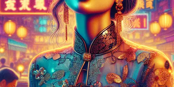 A glamorous actress in a neon-lit Hong Kong street, embodying the allure of 1990s erotic cinema.