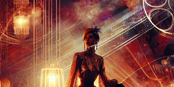 A glamorous woman in a luxurious, dimly-lit room exudes confidence and allure amidst cinematic elements and rich colors.