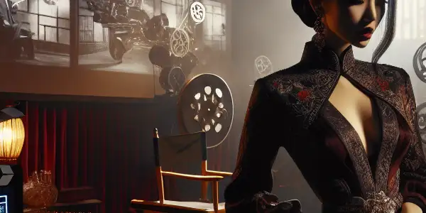 An elegant actress in a film studio surrounded by equipment, evoking themes of sensuality and cinematic storytelling.