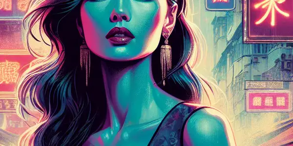 A glamorous woman in a neon-lit Hong Kong cityscape, embodying the allure of 1990s adult cinema.