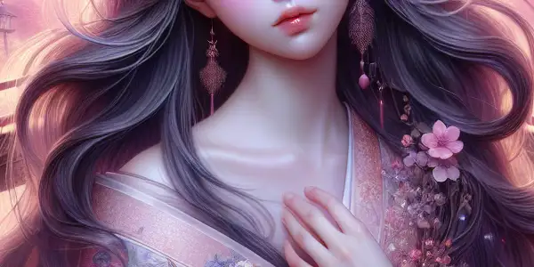 A shy Japanese girl in a dreamy garden, surrounded by cherry blossoms and a tranquil pond at twilight.<a href=