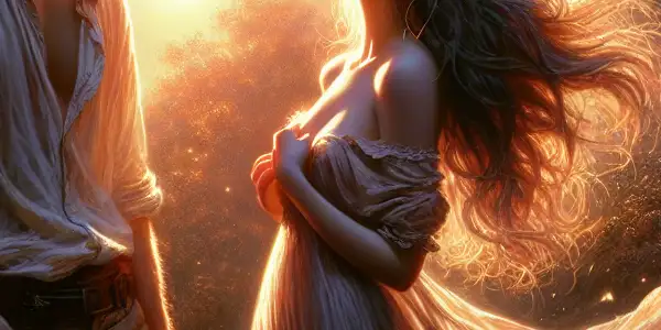 A young couple shares a tender embrace in a serene, sunset-lit landscape filled with blooming flowers.