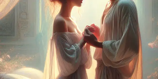 A serene bedroom scene featuring two characters in a tender, intimate moment surrounded by soft fabrics and pastel colors.