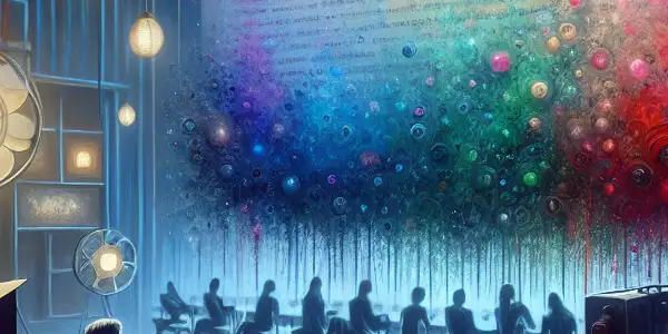 A thoughtful director analyzes a colorful script in a dimly lit film studio, exploring emotional tones in adult narratives.