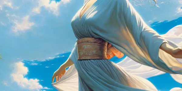 A joyful figure in flowing clothing enjoys a serene outdoor setting under a clear blue sky, surrounded by lush greenery and flowers.